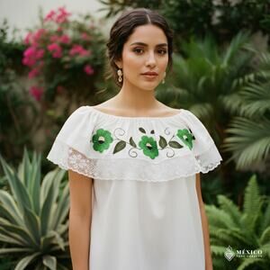 Traditional hand embroidered blouse Flowers 24 x 26.5 in  Size LG to XL